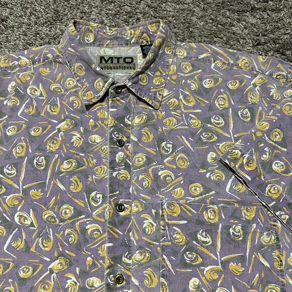 Vintage Abstract Print Button Up Shirt Geometric Art 80s 90s Cotton Purple Large - Picture 2 of 6